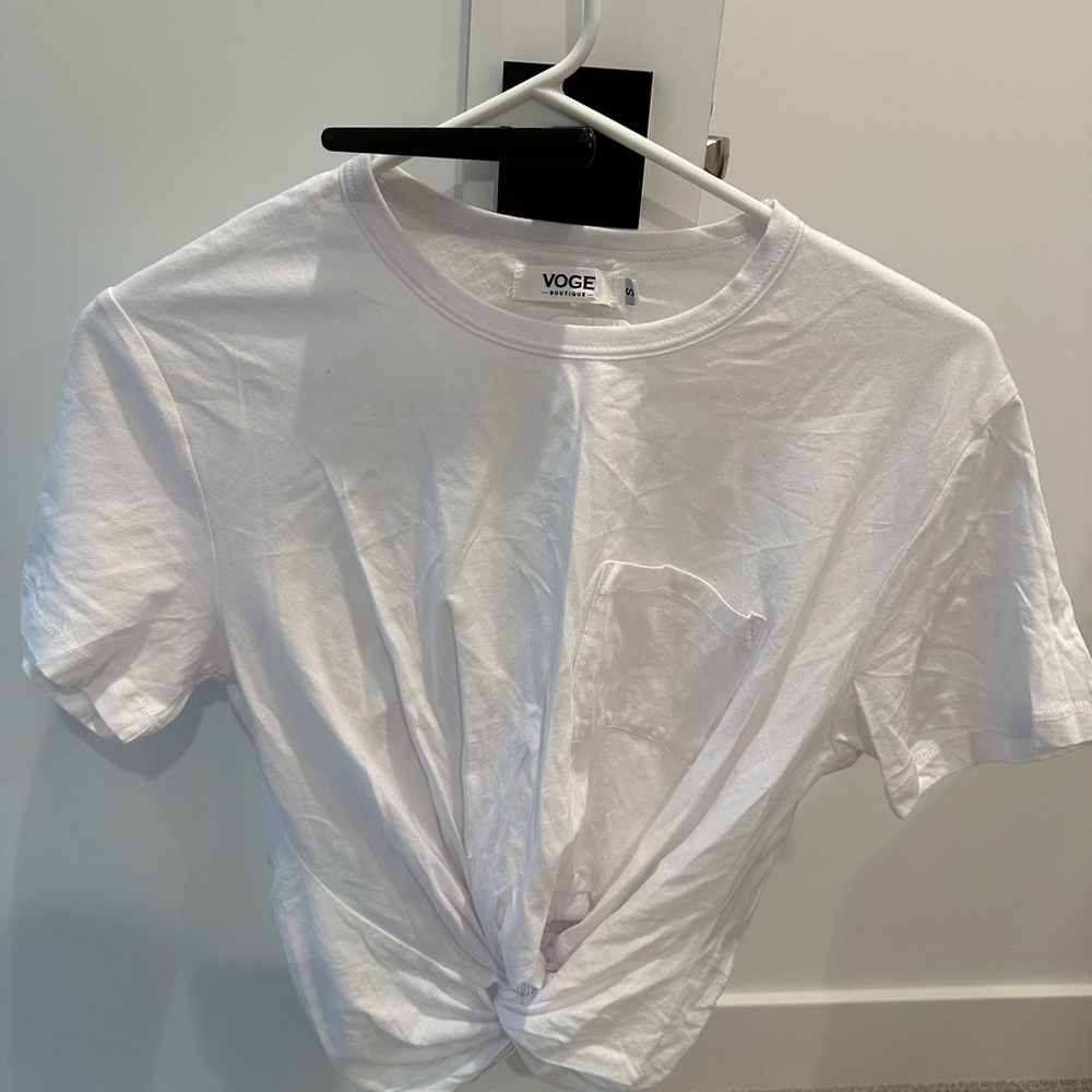 White Tee with built in knot at waist. Size S NWT